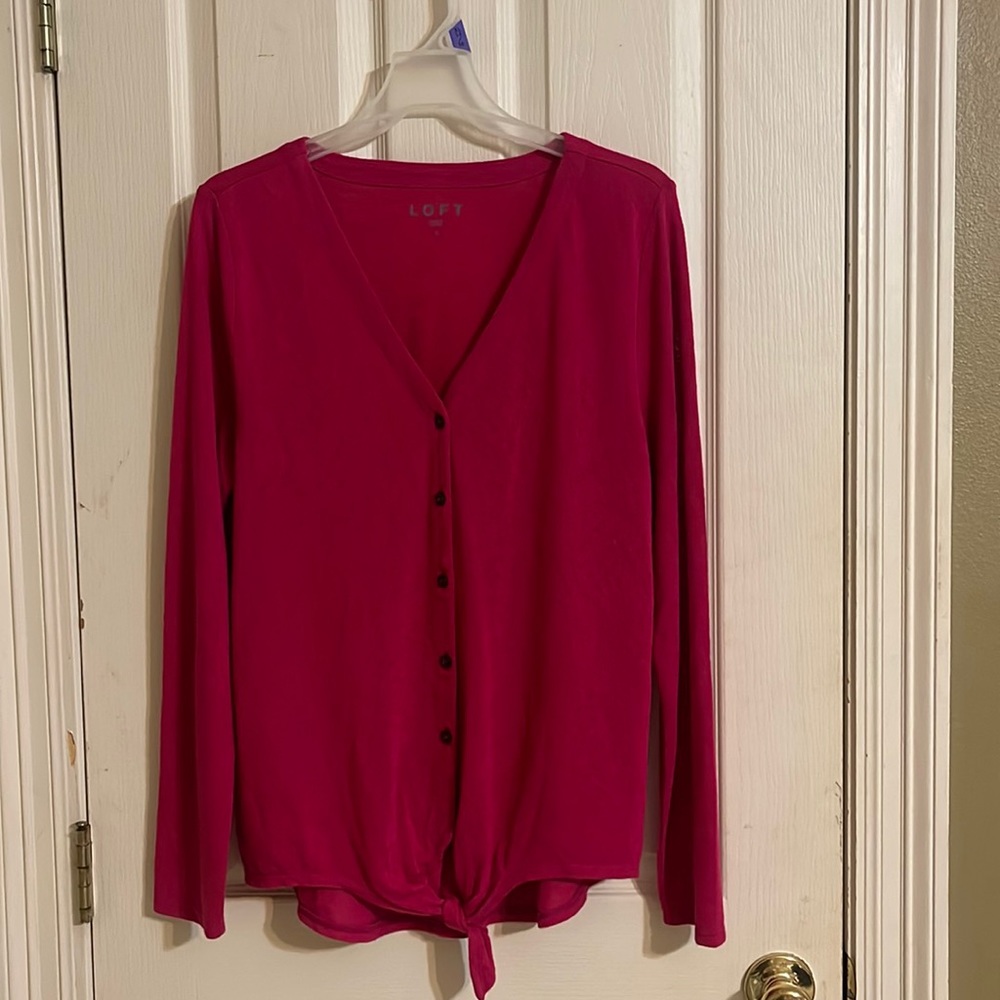 Pink LOFT button front tie sweater.